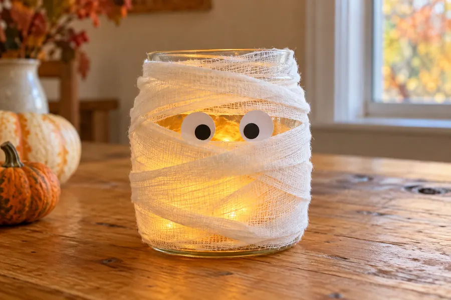 Ein mit weißer Mullbinde umwickeltes Glas mit zwei Papieraugen und sanftem LED-Licht als freundliche Halloween-Mumie.