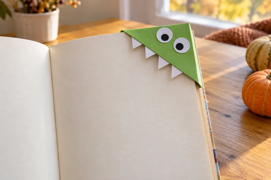 Ein grünes dreieckiges Monster-Lesezeichen mit weißen Papierzähnen und Papieraugen steckt auf der Ecke einer Buchseite.