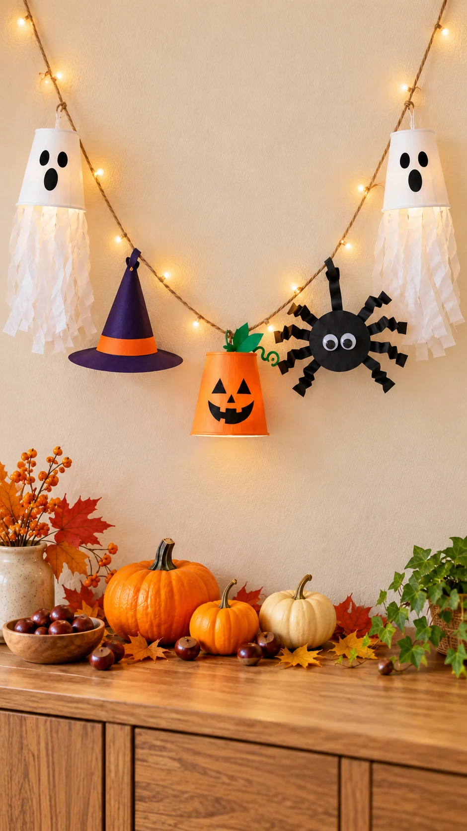 Selbst gestaltete Halloween-Girlande mit weißen Pappbecher-Geistern, orangefarbenen Kürbisbechern, violettem Hexenhut und schwarzer Papierspinne an einer beleuchteten Trageschnur.
