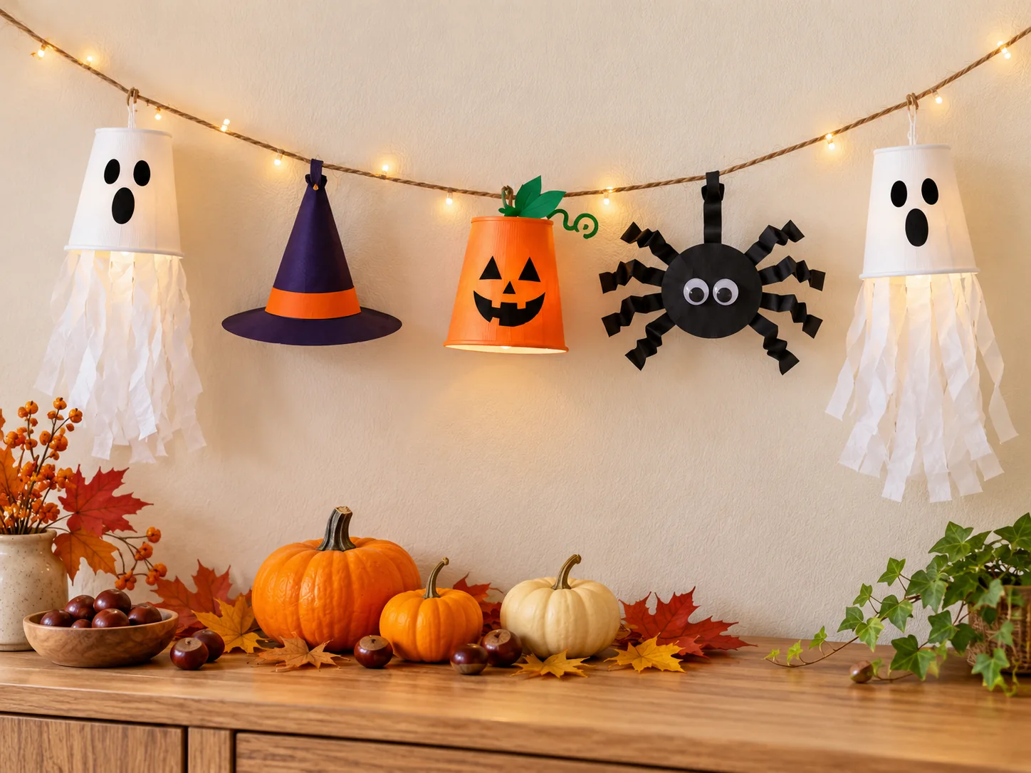 Selbst gestaltete Halloween-Girlande mit weißen Pappbecher-Geistern, orangefarbenen Kürbisbechern, violettem Hexenhut und schwarzer Papierspinne an einer beleuchteten Trageschnur.