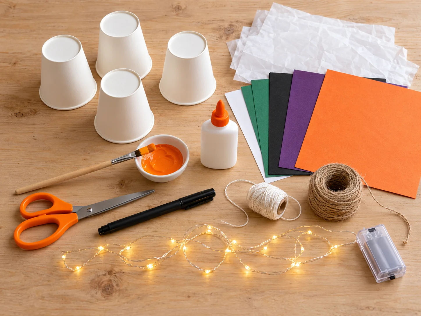 Material für eine Halloween-Lichterkette: weiße Pappbecher, Papier, Farbe, Kleber, Schere, Garn, Trageschnur und eine kleine LED-Lichterkette.