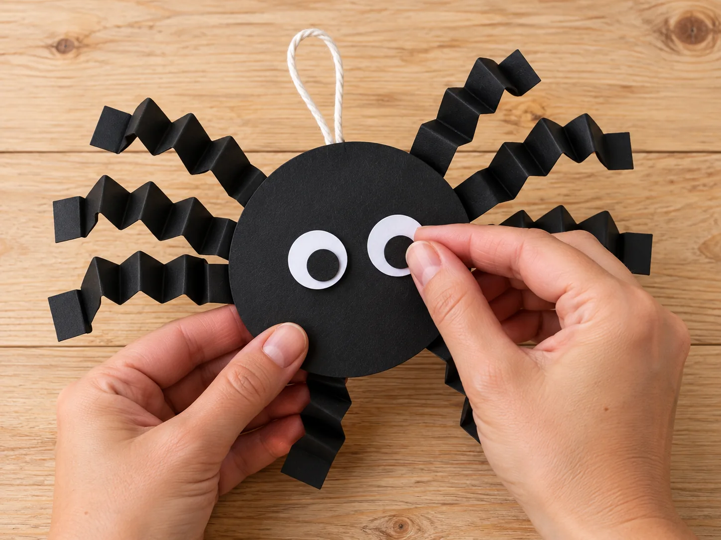 Weiße Papieraugen mit schwarzen Pupillen geben der Spinne ihren Ausdruck.