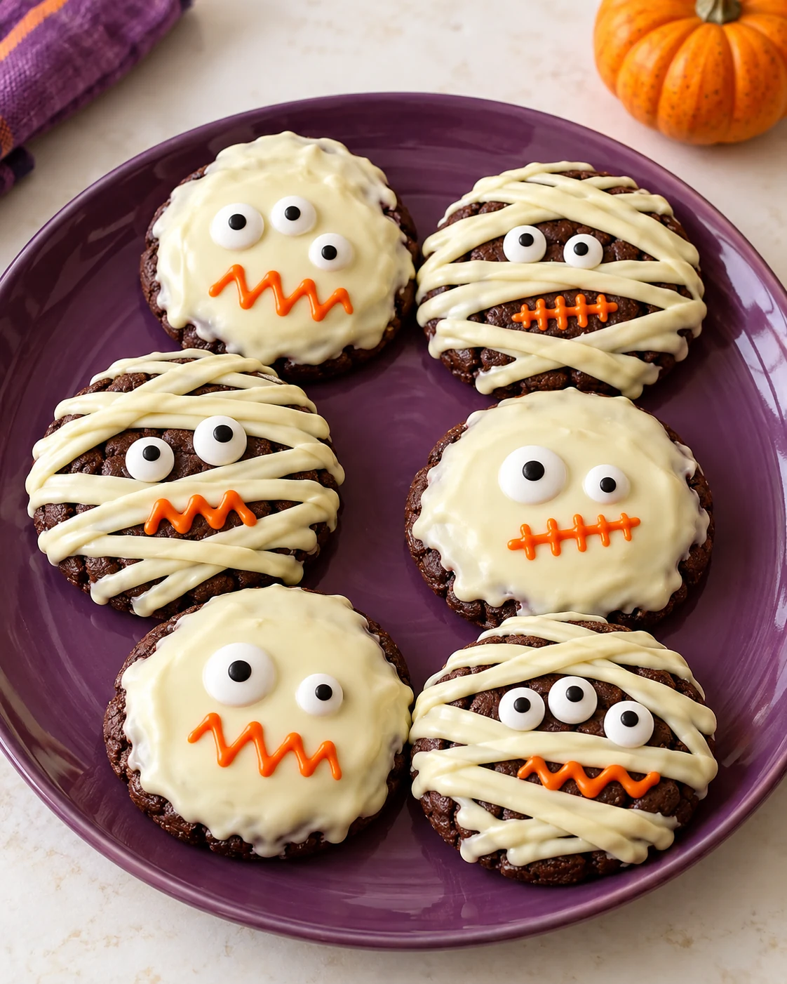 Sechs Halloween-Monsterkekse mit weißer Schokolade, Zuckeraugen und orangefarbenen Mündern auf einem violetten Teller.