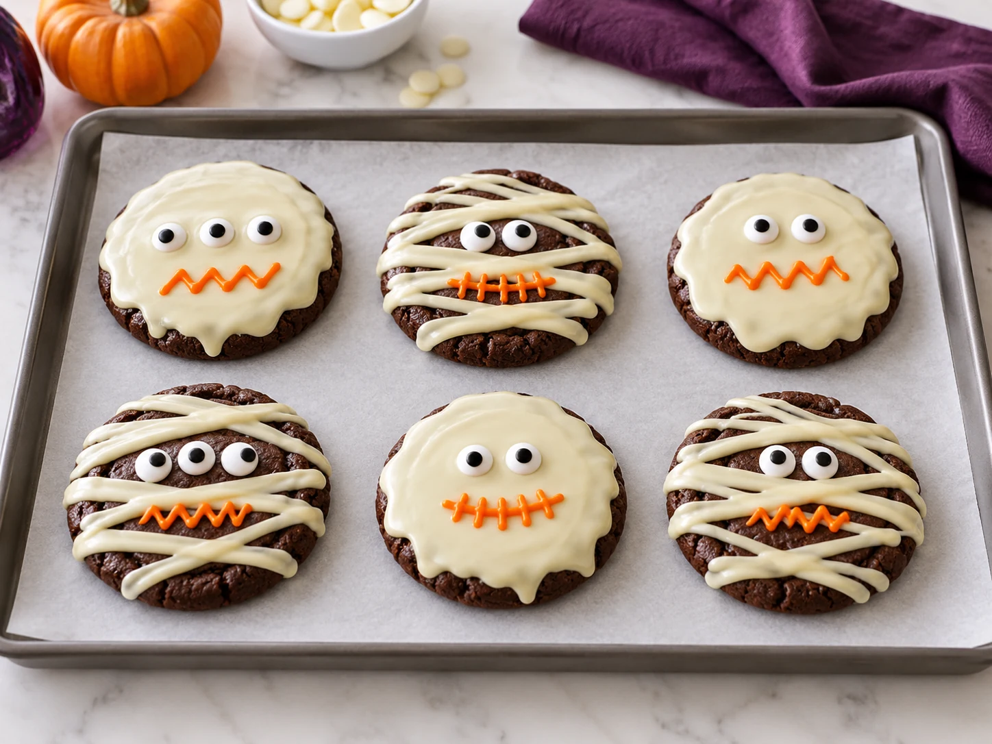 Sechs fertig verzierte Monster- und Mumienkekse mit Zuckeraugen und orangefarbenen Mündern auf Backpapier.