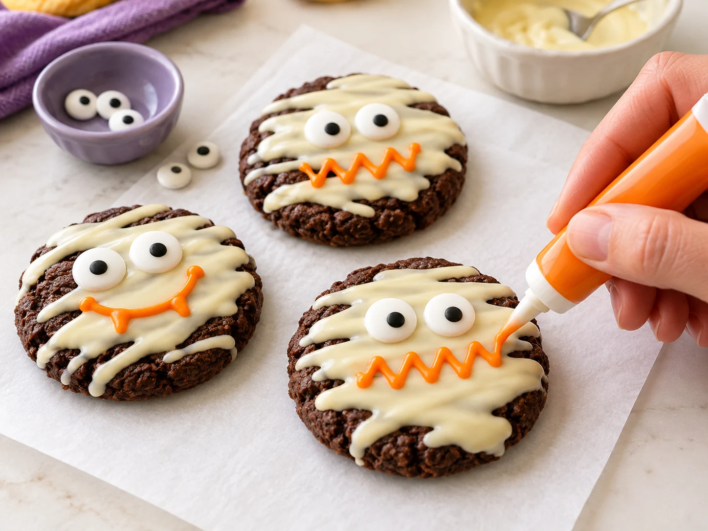 Eine Hand malt mit orangefarbener Zuckerschrift einen Mund auf einen Mumienkeks mit Zuckeraugen.