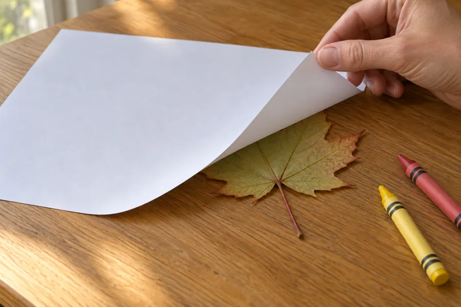 Eine angehobene Papierecke zeigt das Laubblatt unter dem weißen Papier