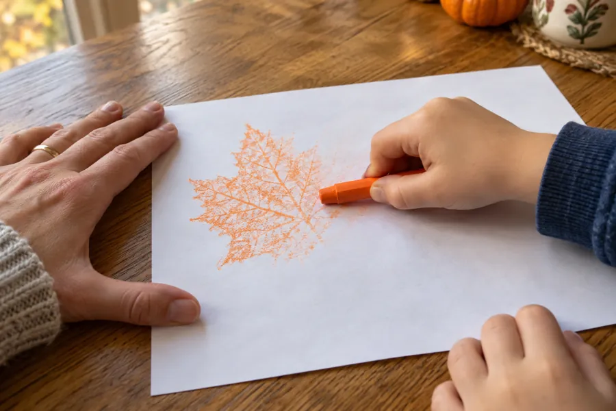 Eine flach gehaltene orange Wachsmalkreide wird über weißes Papier gerieben, unter dem ein Blatt liegt