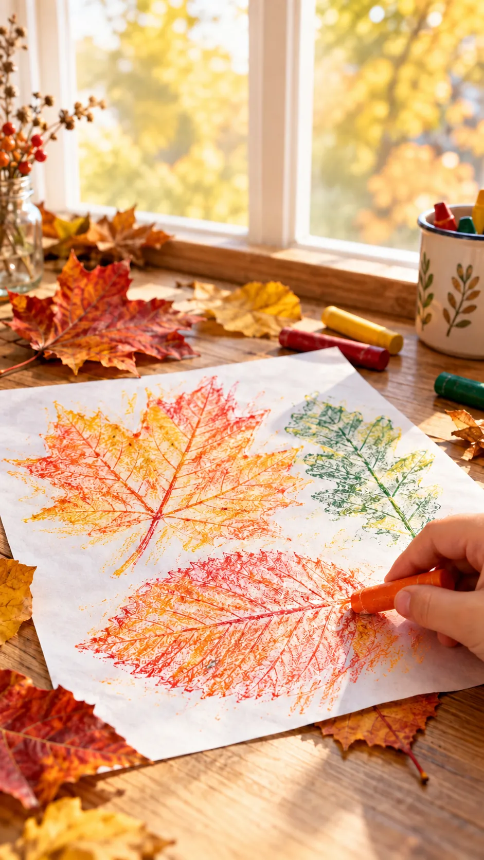 Bunte Blattfrottagen auf weißem Papier neben Herbstblättern und Wachsmalkreiden am Fenster