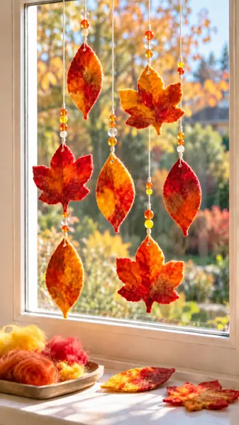 Gefilzte Herbstblätter mit Perlen als Fensterdeko