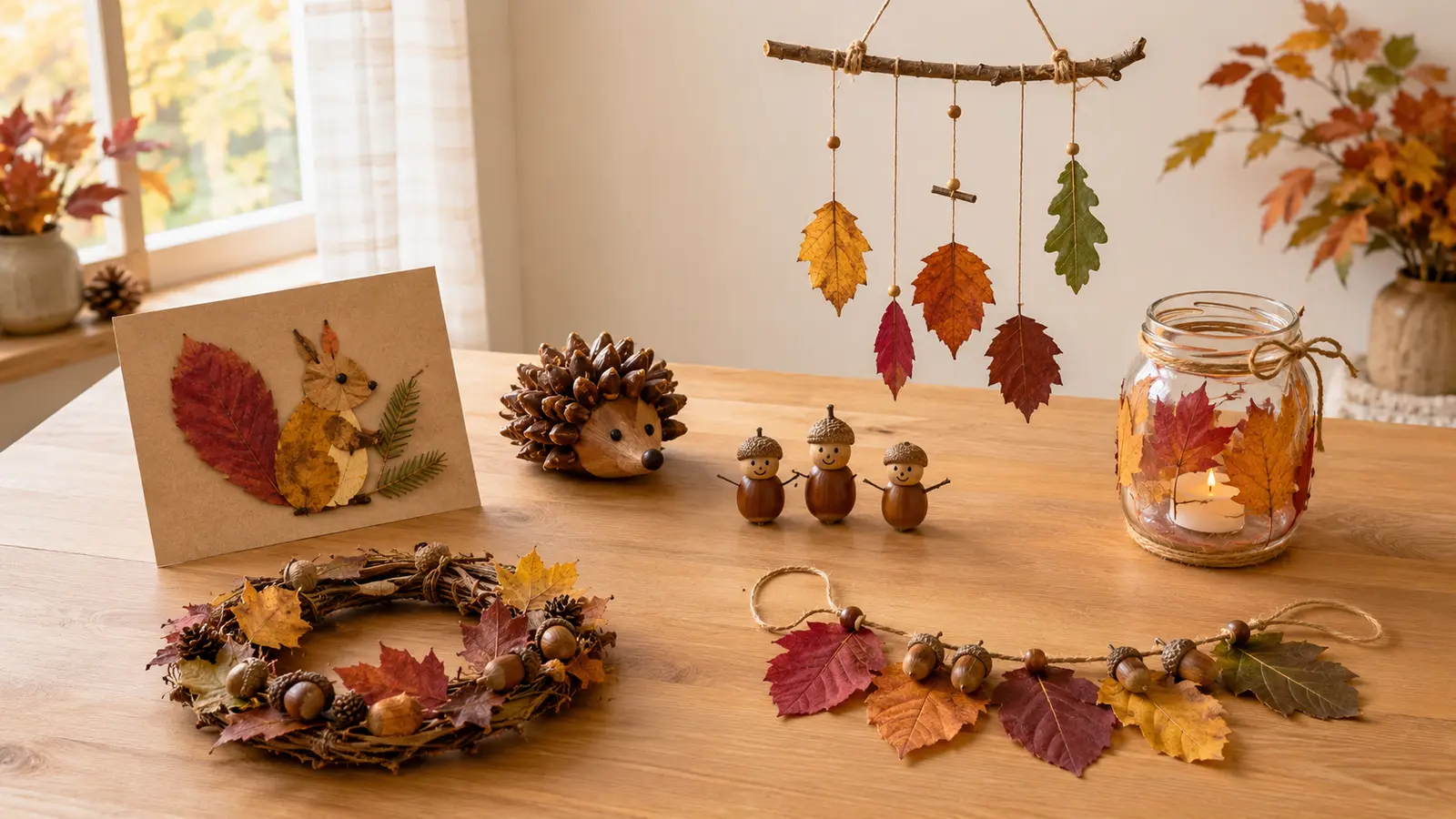 Sieben herbstliche Bastelideen aus Naturmaterialien auf einem Holztisch
