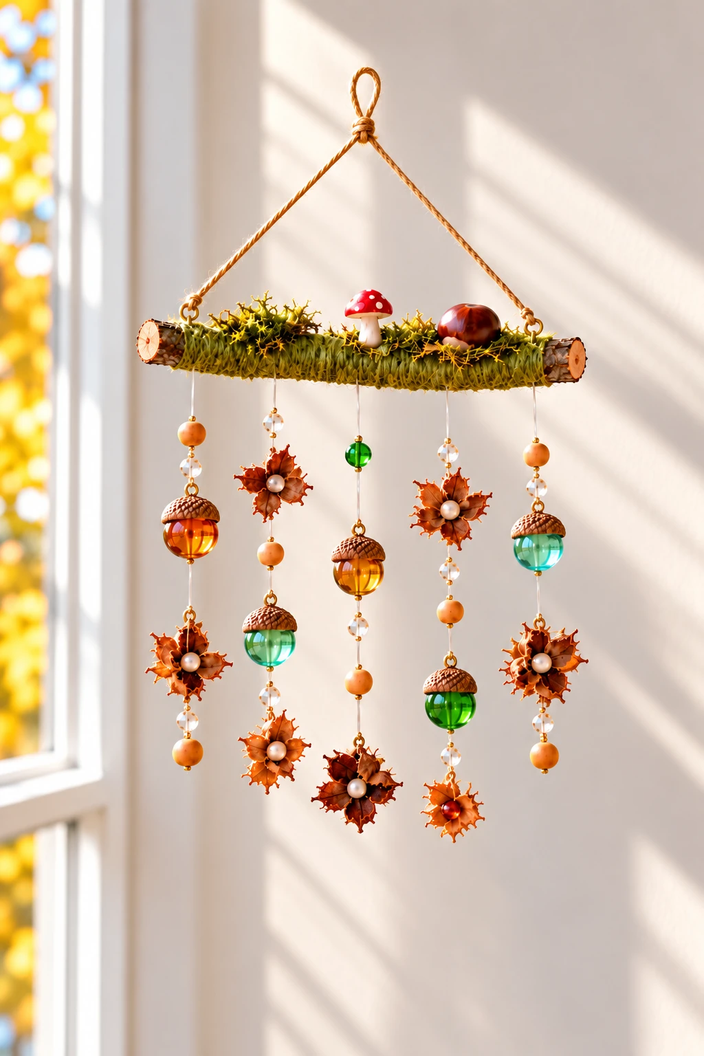 Herbstwindspiel mit grün umwickeltem Ast, Moos, Dekopilz und Kastanie sowie fünf Schnüren mit bunten Glaseicheln, Bucheckernhüllen und Perlen.