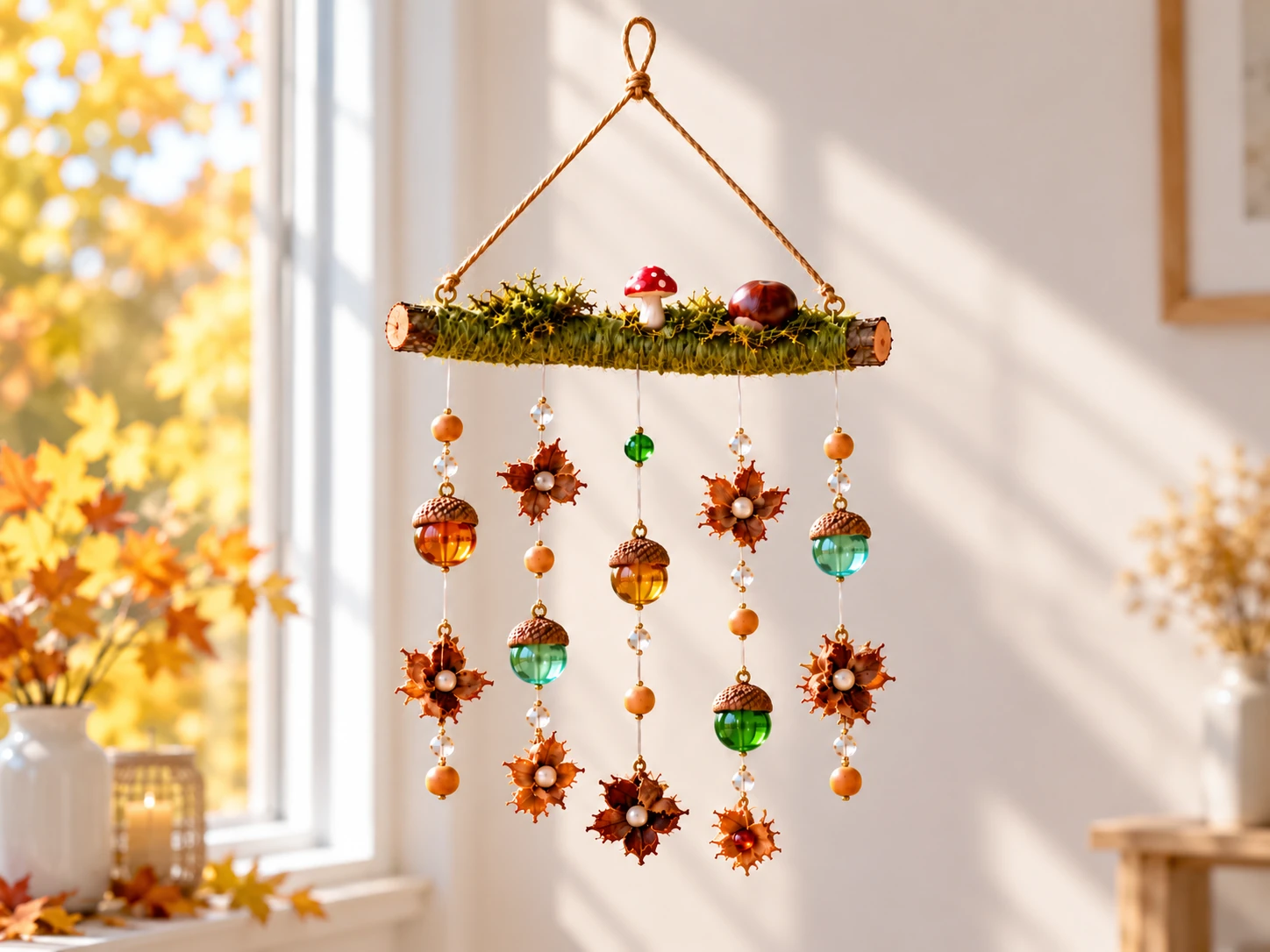 Herbstwindspiel mit grün umwickeltem Ast, Moos, Dekopilz und Kastanie sowie fünf Schnüren mit bunten Glaseicheln, Bucheckernhüllen und Perlen.