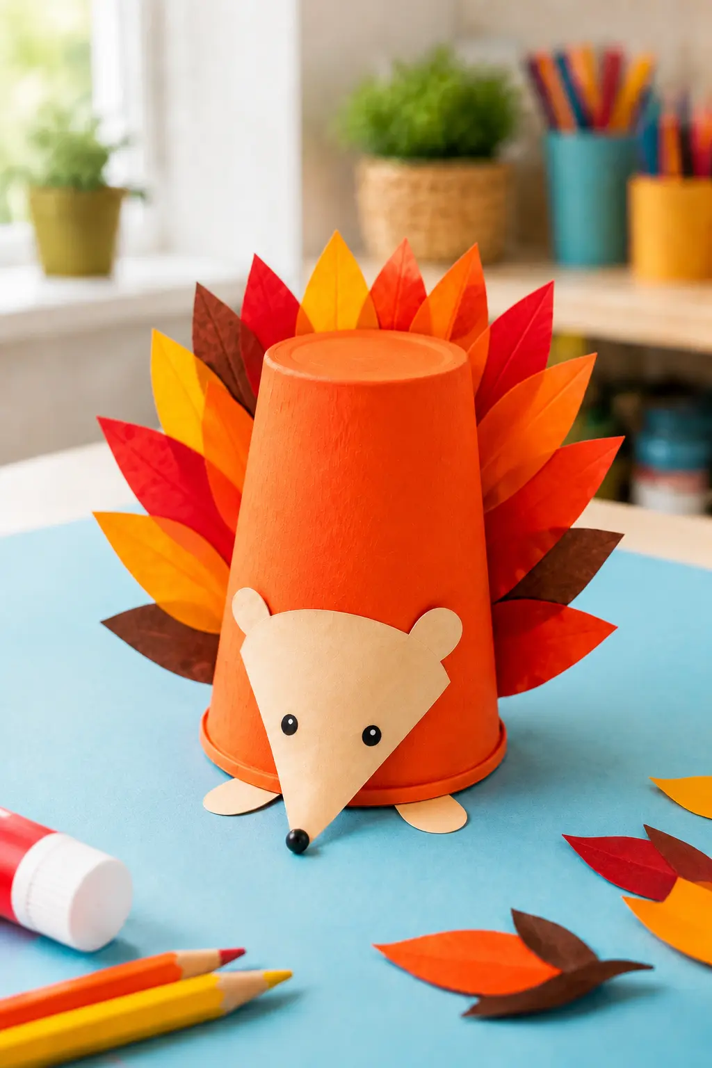 Farbenfroher Igel aus einem orange bemalten Pappbecher mit spitzer Papierschnauze und bunten Papierstacheln