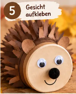 Schritt 5: Das fertige Igelgesicht sitzt mittig auf dem geschlossenen Becherboden