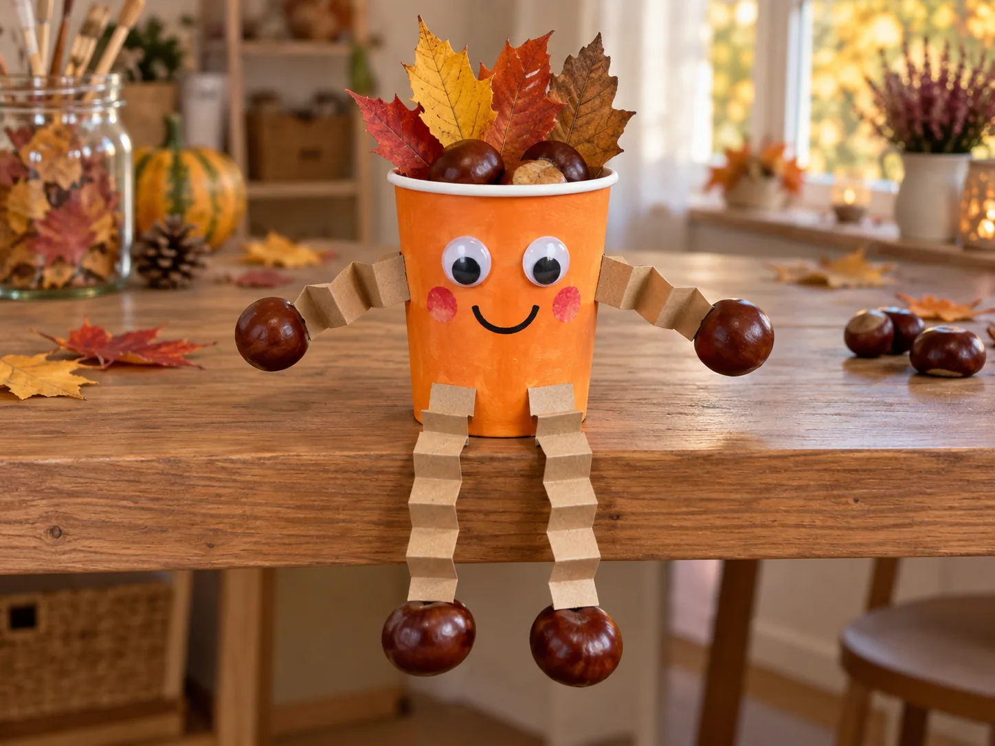 Oranges Kastanien-Kerlchen aus einem Pappbecher mit gefalteten Papierarmen und Baumelbeinen, Kastanienhänden und -füßen sowie Herbstblättern.