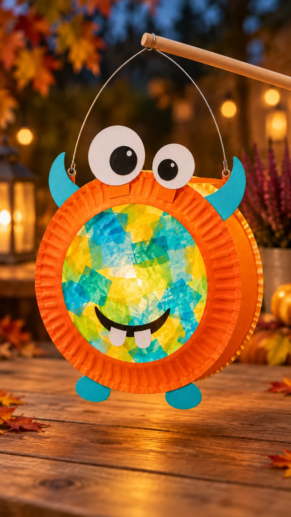 Leuchtende orange Monsterlaterne aus Papptellern mit buntem Transparentpapierfenster, ungleichen Augen, türkisen Hörnern und zwei weißen Zähnen.
