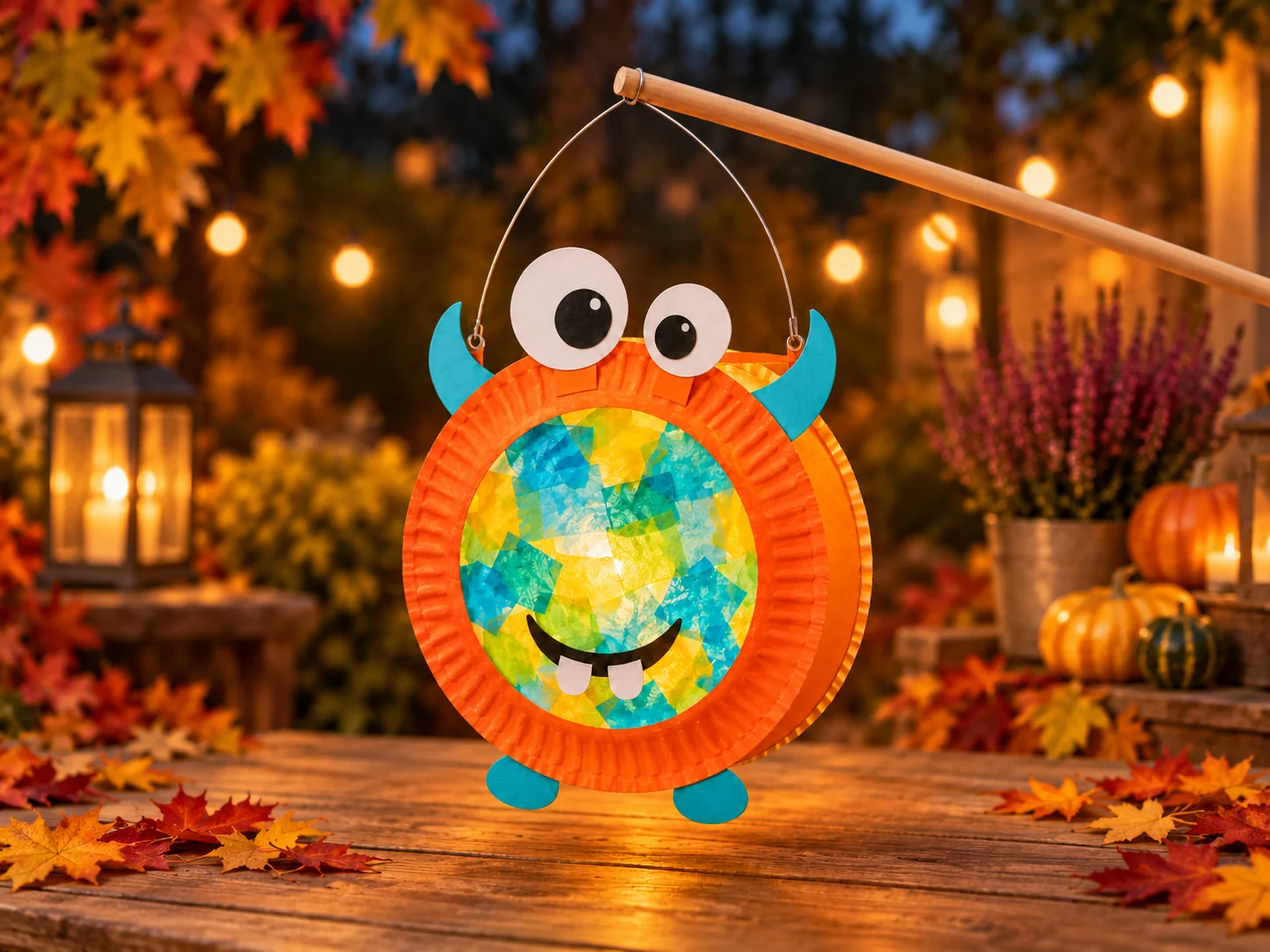 Leuchtende orange Monsterlaterne aus Papptellern mit buntem Transparentpapierfenster, ungleichen Augen, türkisen Hörnern und zwei weißen Zähnen.