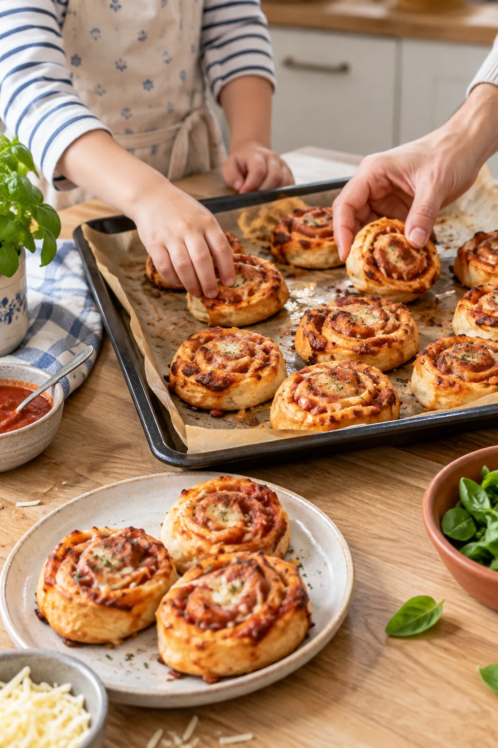 Goldbraune Pizza-Schnecken auf einem Backblech, die ein Kind und eine erwachsene Person gemeinsam zubereitet haben