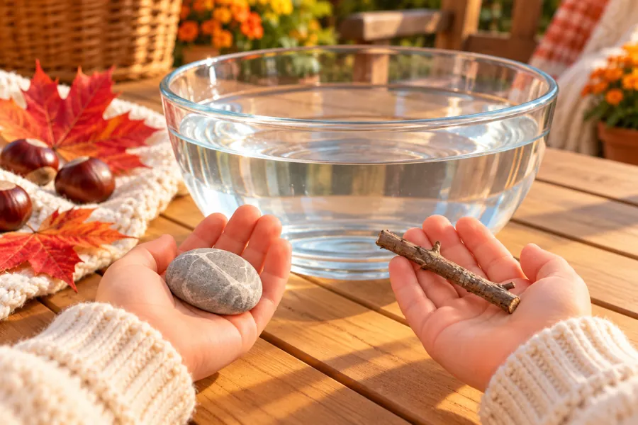 Zwei Kinderhände vergleichen einen kleinen Stein und einen kurzen Zweig vor der Wasserschüssel
