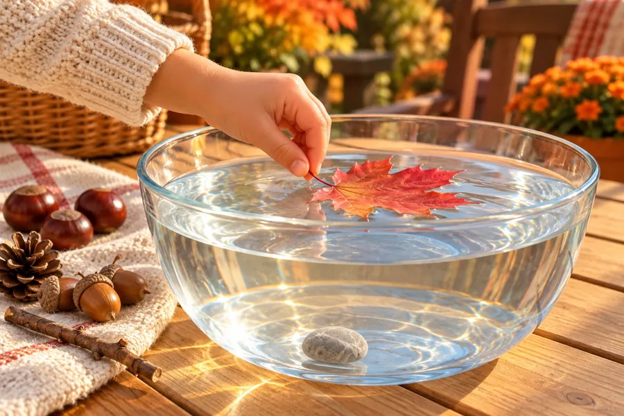 Eine Kinderhand legt ein Herbstblatt auf die Wasseroberfläche; ein zuvor getesteter Stein liegt am Boden