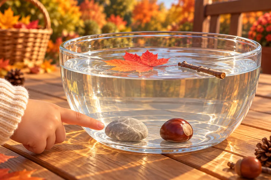 Ein Blatt und ein Zweig schwimmen oben, während ein Stein und eine Kastanie am Schüsselboden liegen