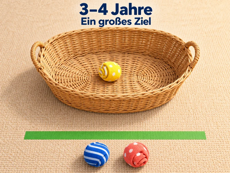 3–4 Jahre: Ein großes Ziel. Ein breiter, niedriger Flechtkorb steht nahe einer grünen Wurflinie. Eine Socke liegt bereits im Korb, zwei liegen vor der Linie bereit.