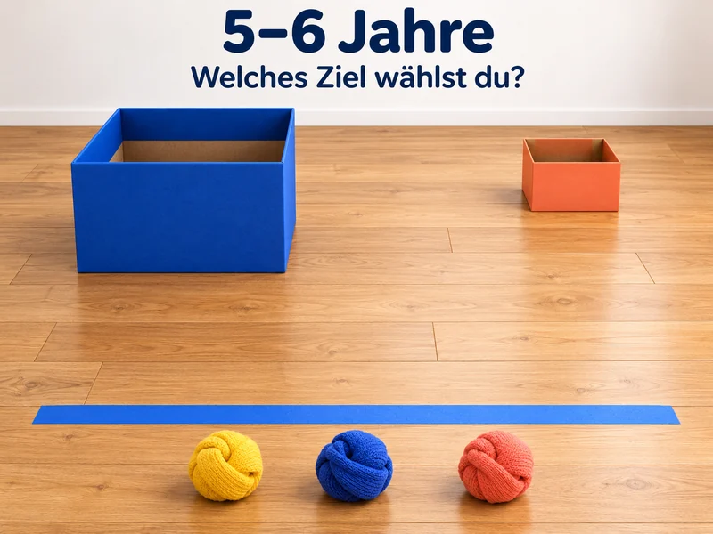 5–6 Jahre: Welches Ziel wählst du? Ein großer blauer und ein kleiner orangefarbener Karton stehen hinter einer blauen Wurflinie. Drei Sockenbälle liegen bereit.