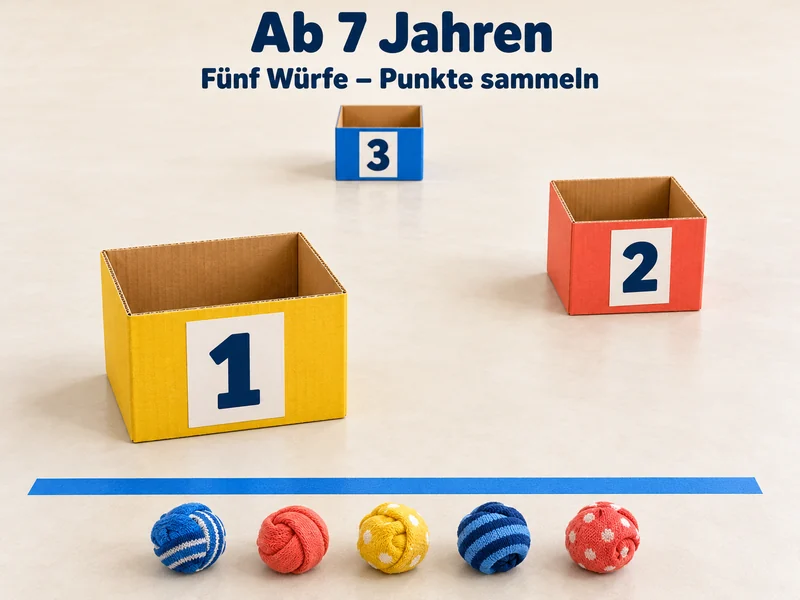 Ab 7 Jahren: Fünf Würfe – Punkte sammeln. Drei Kartons in Gelb, Rot und Blau tragen die Zahlen 1, 2 und 3. Fünf Sockenbälle liegen hinter der Startlinie bereit.