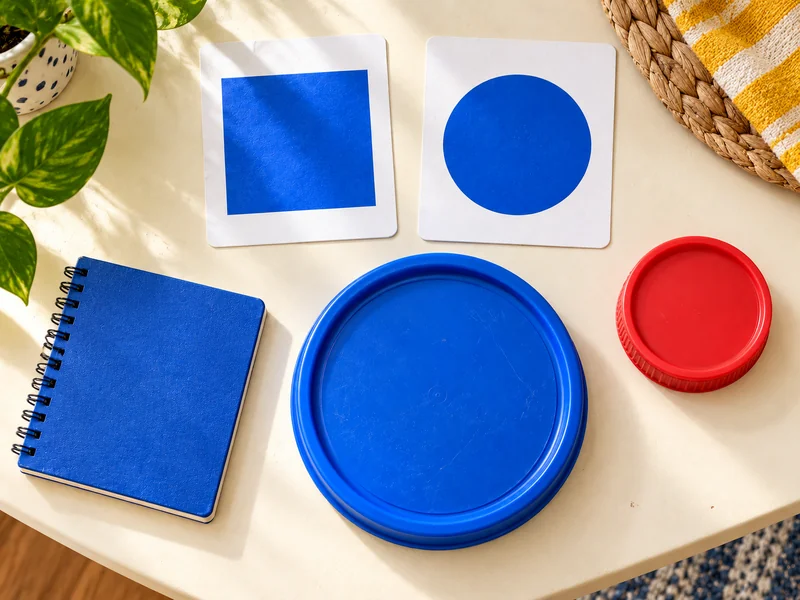 Blaue Farbkarte und Kreiskarte neben einem runden blauen Deckel; blaues Buch und roter runder Deckel passen jeweils nur teilweise.