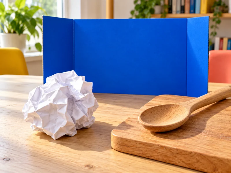 Papier und Holzlöffel mit Brett liegen als zwei deutlich unterschiedliche Geräuschquellen vor einem blauen Sichtschutz.