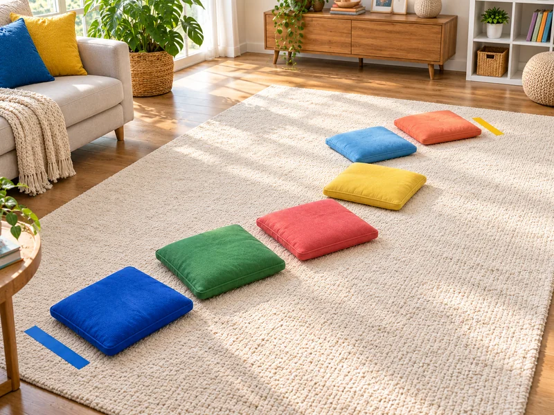 Sechs flache bunte Kissen bilden einen kurzen Weg auf einem großen hellen Teppich, mit blauer Start- und gelber Zielmarkierung.