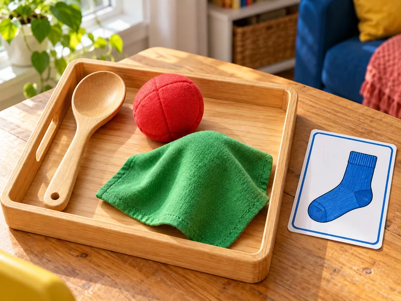 Ein Löffel und ein roter Stoffball liegen auf einem Tablett; ein dritter Platz ist verdeckt. Eine Karte mit blauer Socke gibt einen Hinweis.