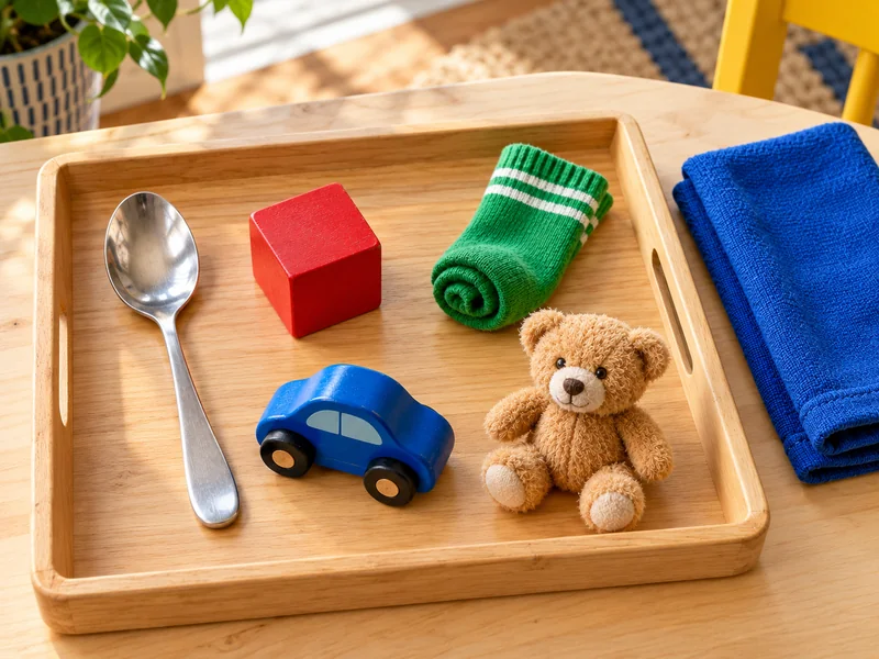Fünf gut unterscheidbare Gegenstände auf einem Tablett: Löffel, roter Holzklotz, grüne Socke, blaues Auto und Teddybär. Daneben liegt ein blaues Tuch.