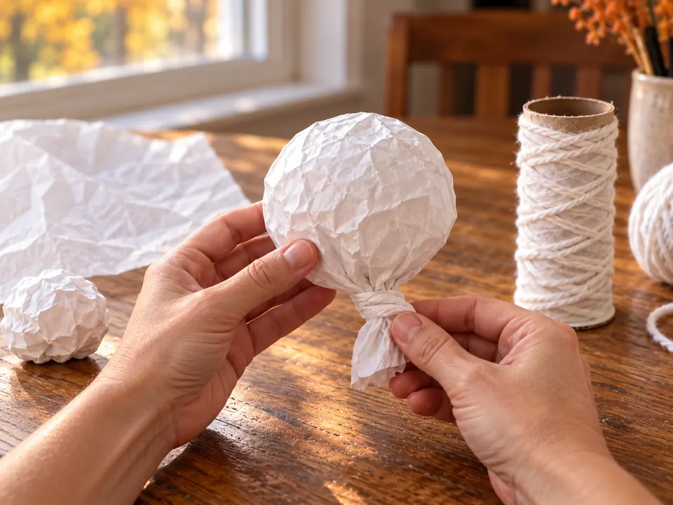 Ein zerknitterter Papierkopf bekommt einen kurzen zusammengedrehten Papierhals.