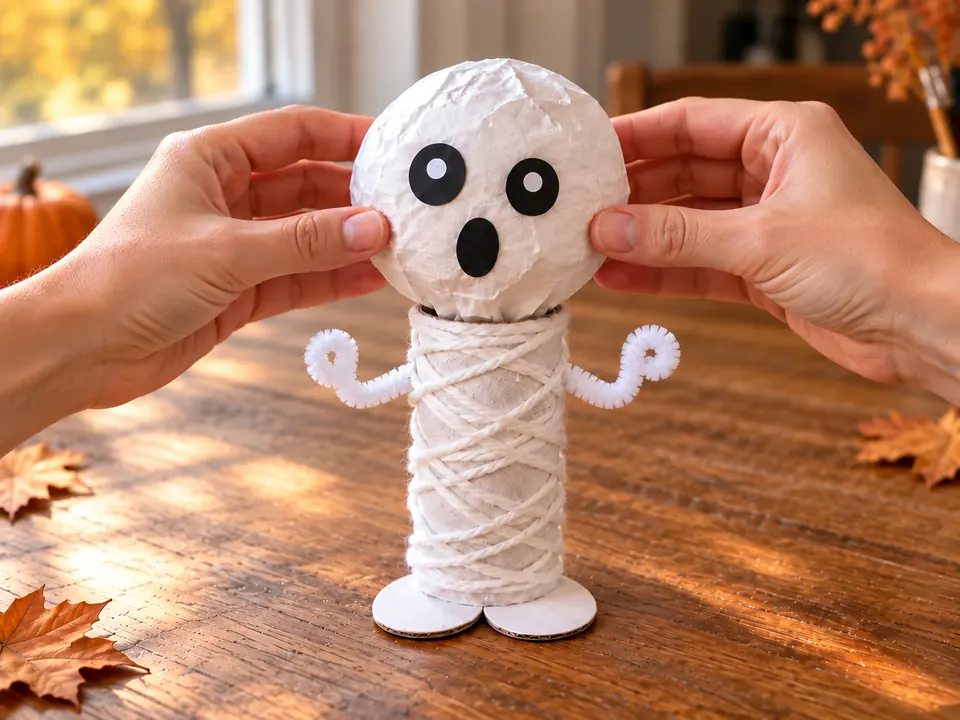 Der Papierkopf mit schwarzem Geistergesicht wird auf dem fertigen Spookie befestigt.
