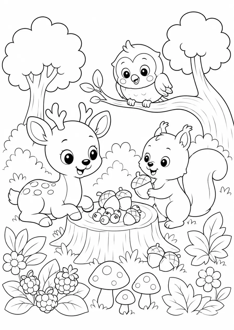 Ausmalbild mit Rehkitz, Eichhörnchen und Eule im Wald
