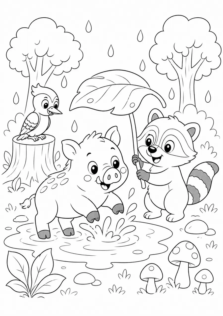Ausmalbild mit Wildschwein, Waschbär und Specht an einem Regentag