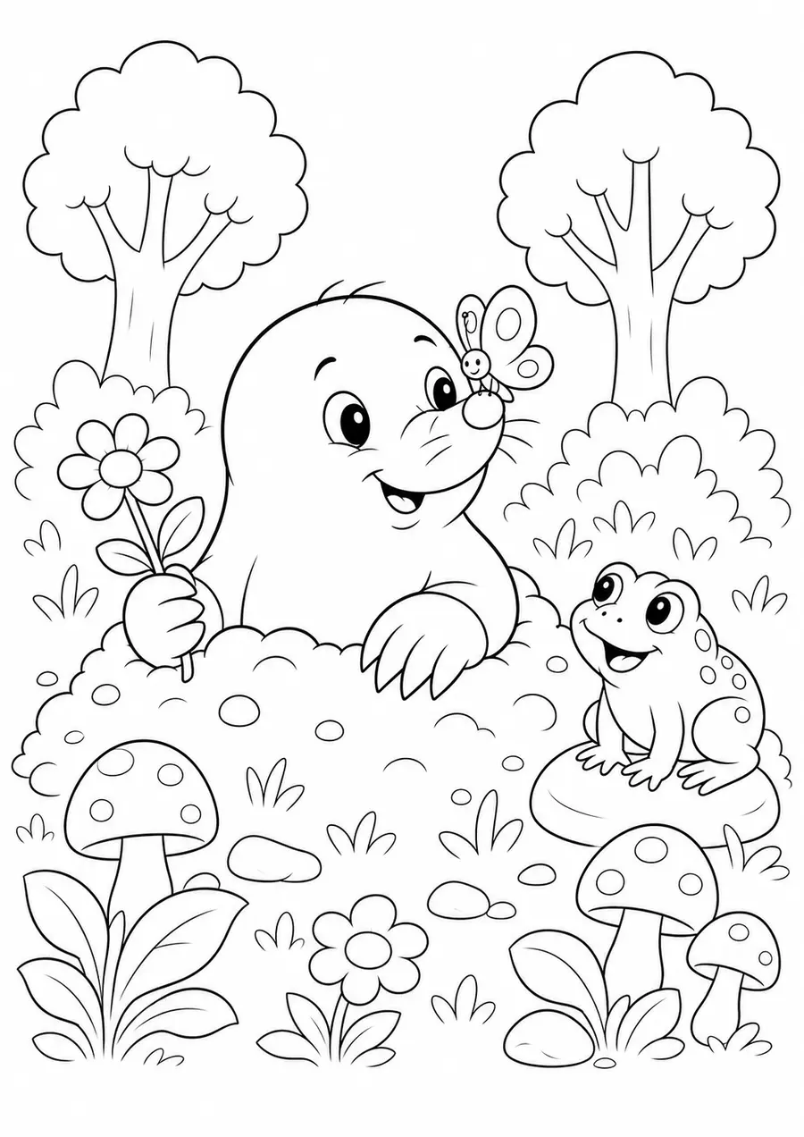 Ausmalbild mit Maulwurf, Frosch und Schmetterling auf einer Waldwiese