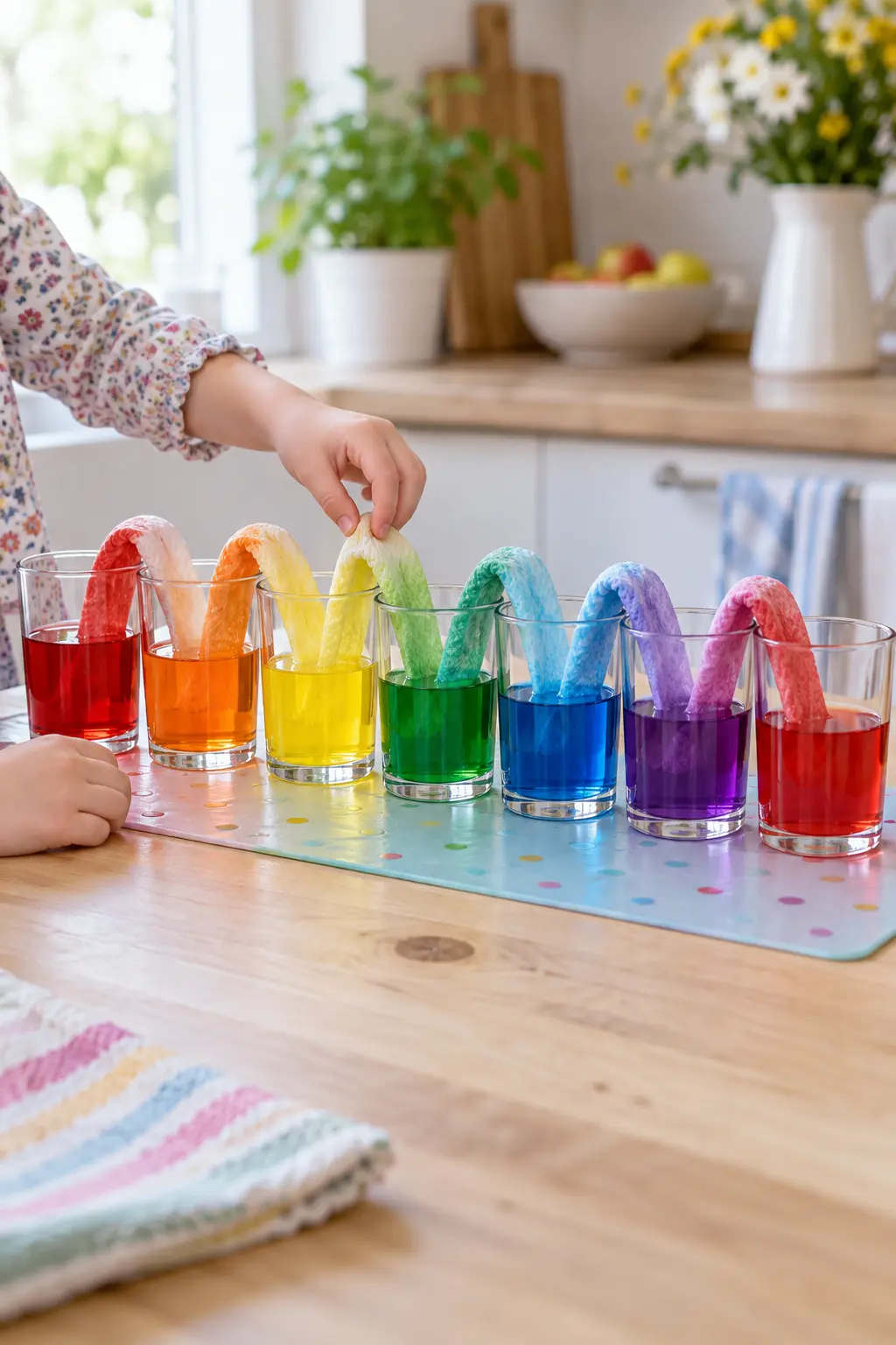 Sieben Gläser mit rotem, orangem, gelbem, grünem, blauem, lilafarbenem und rotem Wasser, verbunden durch sechs Bögen aus Küchenpapier