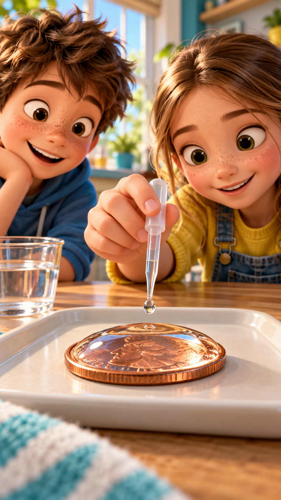 Zwei Kinder im 3D-Illustrationsstil beobachten, wie ein Mädchen mit einer Pipette Wasser auf eine Münze mit gewölbter Wasseroberfläche tropft.