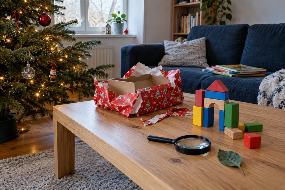 Geöffnetes Weihnachtsgeschenk, bunte Holzbausteine und eine Lupe auf dem Wohnzimmertisch neben dem Weihnachtsbaum. Symbolbild ohne konkrete Produktabbildungen.