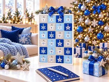 Symbolbild: eleganter Adventskalender in Hellblau, Königsblau und Silber mit Glitzersternen, Schleifen und festlicher Weihnachtsdeko.
