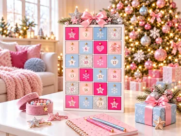 Symbolbild: Adventskalender in Pink, Rosa und Hellblau mit Glitzer, Schleifen und Sternen, daneben Schmuck und ein Notizbuch.