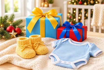 Gelbe Babyschühchen und ein hellblauer Babybody vor blauen und roten Weihnachtsgeschenken, mit Tannenzweigen, Weihnachtskugeln und warmen Lichtern.