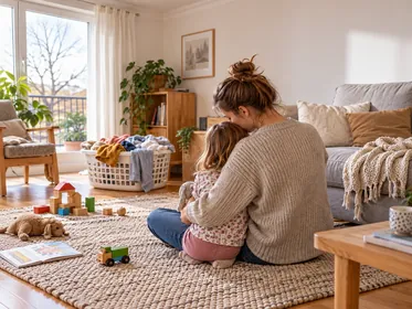 Eine Mutter nimmt ihr Kind auf dem Wohnzimmerteppich in den Arm, während Wäsche und Spielsachen liegen bleiben.