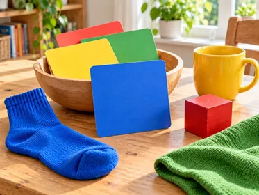 Große rote, gelbe, grüne und blaue Farbkarten in einer Schale neben einer blauen Socke, einem gelben Becher, einem roten Holzklotz und einem grünen Tuch.