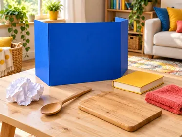 Ein blauer Sichtschutz auf einem Tisch mit Papier, Holzlöffel, Holzbrett, geschlossenem Buch und kleinem Tuch als Material für ein Geräuschespiel.
