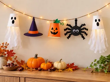 Selbst gestaltete Halloween-Girlande mit weißen Pappbecher-Geistern, orangefarbenen Kürbisbechern, violettem Hexenhut und schwarzer Papierspinne an einer beleuchteten Trageschnur.