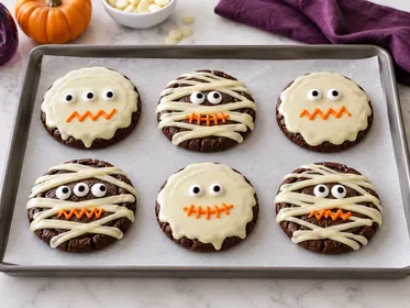 Sechs fertig verzierte Monster- und Mumienkekse mit Zuckeraugen und orangefarbenen Mündern auf Backpapier.