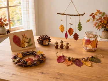 Sieben herbstliche Bastelideen aus Naturmaterialien auf einem Holztisch